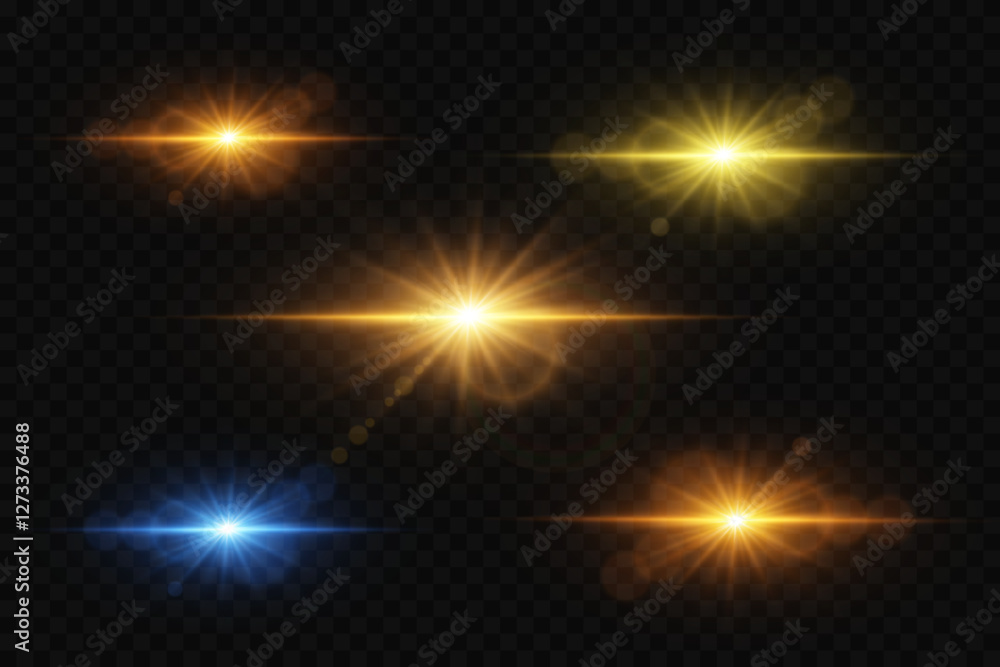 Fototapeta premium Set of glowing light effects. Shining stars, glare, explosion, sparkle, dust, lines, flash of spark.