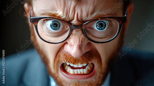 Close-up Portrait of an Angry Man with Glasses photo