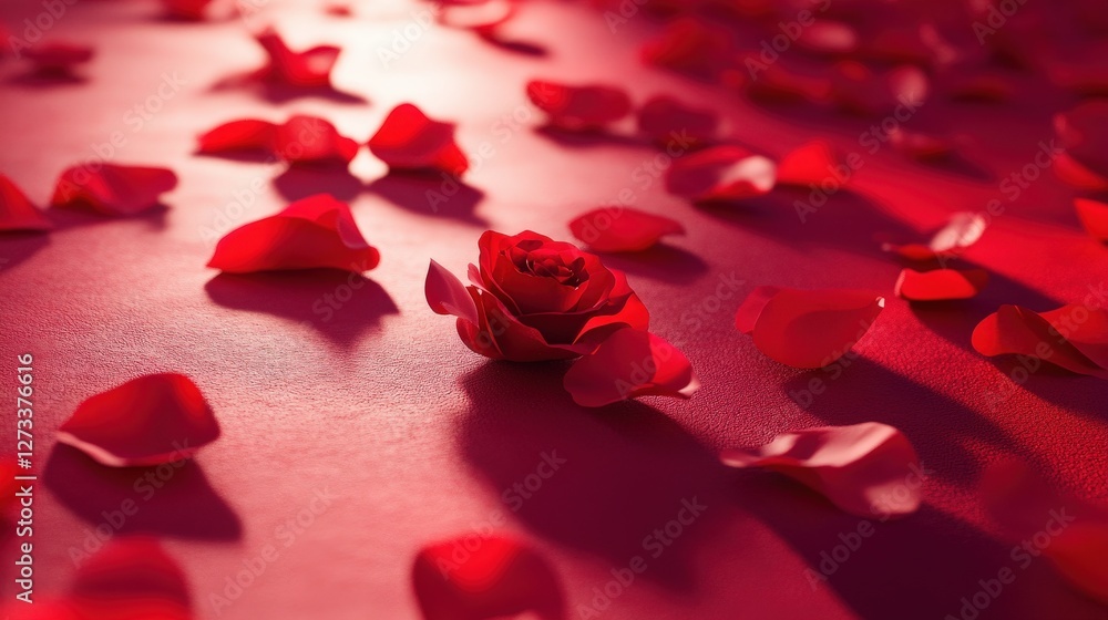 Valentine's Day romantic setting with red roses gently scattered across a red surface, the soft petals contrasting beautifully with the vibrant red Valentine's Day romantic setting with red roses gently scattered across a red surface, the soft petals contrasting beautifully with the vibrant red