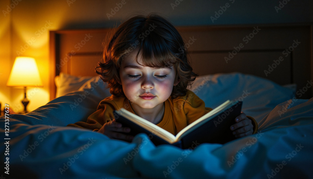 Child immersed in bedtime story in cozy bedroom, nurturing imagination Child immersed in bedtime story in cozy bedroom, nurturing imagination