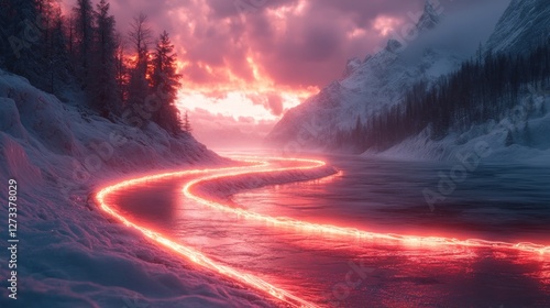 Fiery river flows through snowy mountain valley at sunset