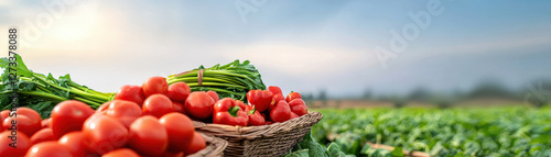 Sustainable Farming Concept. Fresh tomatoes and asparagus in a basket set against a vibrant green field under a clear sky, showcasing agricultural abundance.