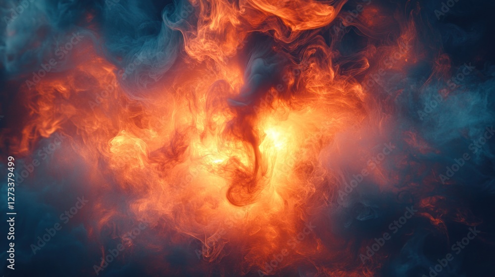 Fototapeta premium Dramatic smoke swirling, fiery center, dark background