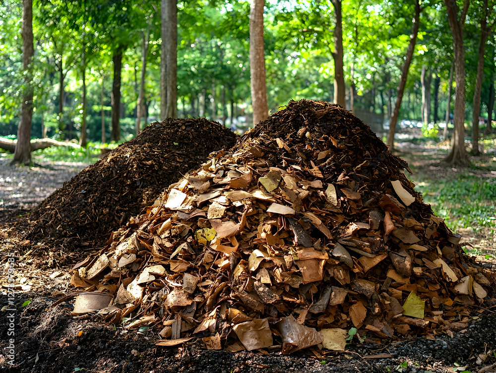 Piles of brown leaf mulch in a park Piles of brown leaf mulch in a park