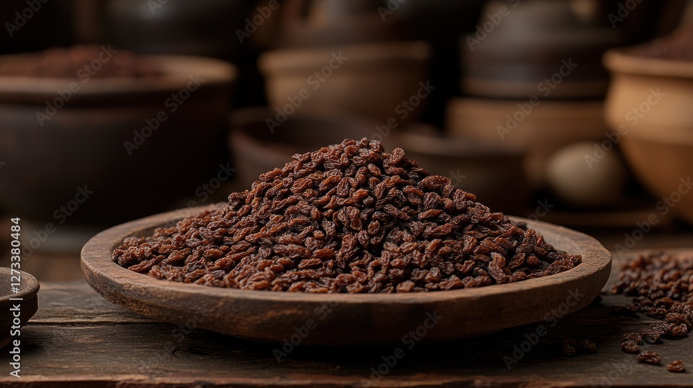 Dried brown seeds in wooden bowl, rustic apothecary setting Dried brown seeds in wooden bowl, rustic apothecary setting
