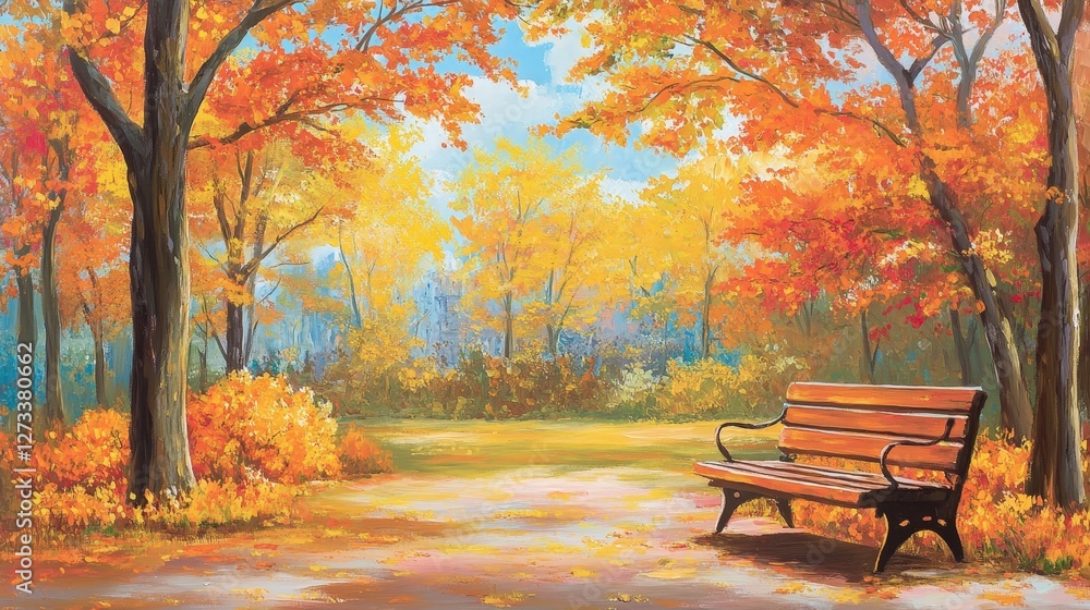 The autumn park bench, framed by trees filled with colorful fall leaves, beckons visitors to pause and enjoy the season. The autumn park bench, framed by trees filled with colorful fall leaves, beckons visitors to pause and enjoy the season.