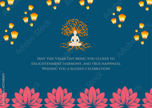 Vesak day concept wishes greeting card with Buddha silhouette illustration. Background vector. Happy Vesak day celebration design poster, flyer, banner.