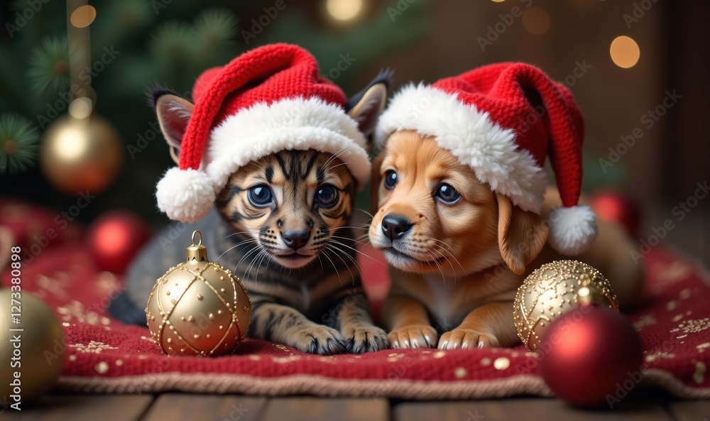 Adorable kitten and puppy in festive Santa hats surrounded by Christmas ornaments, perfect for holiday promotions and pet-themed content. Adorable kitten and puppy in festive Santa hats surrounded by Christmas ornaments, perfect for holiday promotions and pet-themed content.