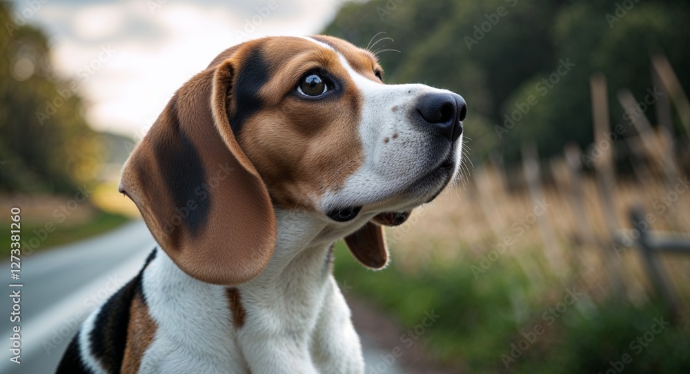 Beagle in country road background side view portrait Beagle in country road background side view portrait
