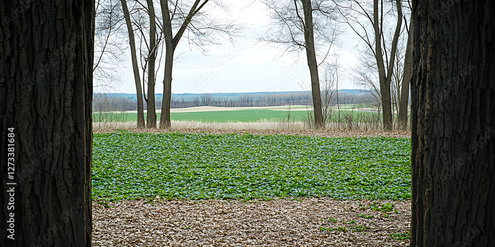 Obraz premium A view through trees reveals a verdant field and distant woods under a soft overcast sky.