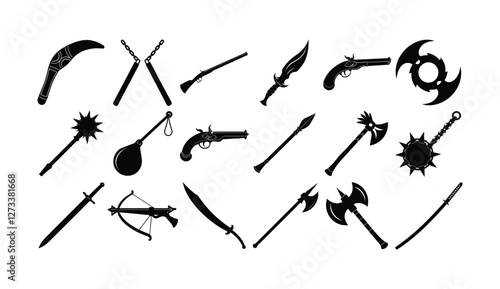 Set of black silhouette medieval and fantasy weapons including swords, axes, guns, crossbows, and maces on white background