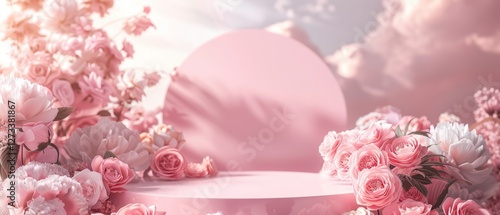 Fototapeta Naklejka Na Ścianę i Meble -  Elegant pink podium surrounded by delicate roses and blossoms, set against a dreamy pastel sky with soft sunlight. Perfect for luxury product display