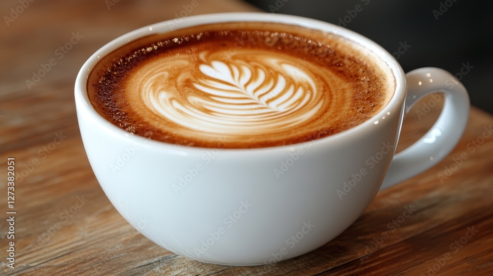 A beautifully crafted latte showcasing an intricate leaf design, served in a white cup against a rustic wooden background, perfect for coffee lovers and baristas. A beautifully crafted latte showcasing an intricate leaf design, served in a white cup against a rustic wooden background, perfect for coffee lovers and baristas.