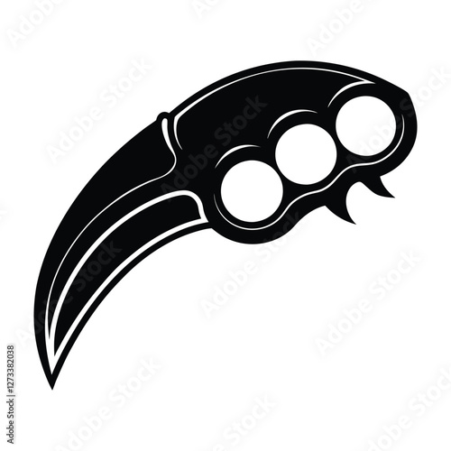 Black silhouette of tactical karambit knife with finger holes and curved blade isolated on white background