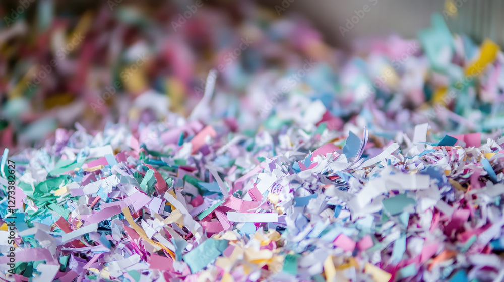 Obraz premium Close up of colorful shredded paper for recycling, showcasing vibrant hues and textures. This highlights importance of recycling materials