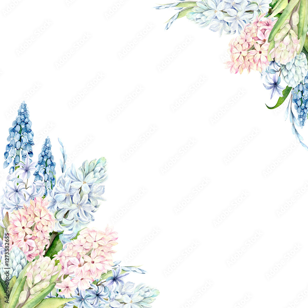 Naklejka premium Watercolor illustration frame of spring flowers. Delicate crocuses, muscari and hyacinths, hand drawn on white background. Pastel colors create an atmosphere of coziness and nature.