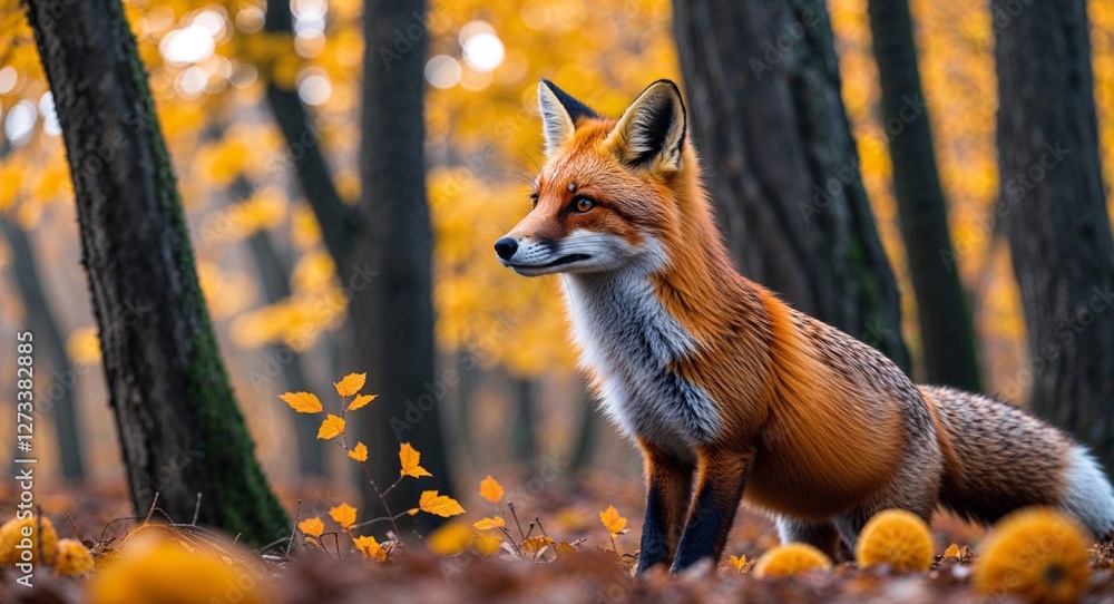 Fototapeta premium Fox in autumn forest background side view portrait