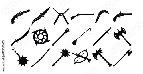 Collection of historical weapons silhouettes including swords, axes, crossbows, and firearms isolated on white background