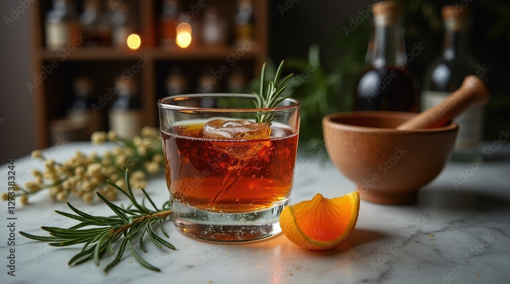 Herbal elegance highlighted in a wide shot of amaro with garnishes Herbal elegance highlighted in a wide shot of amaro with garnishes