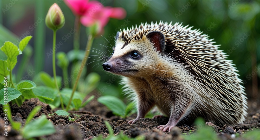 Naklejka premium Hedgehog in garden background side view portrait