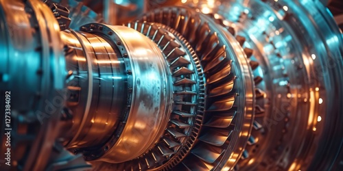 Close-up view of an industrial gas turbine, showcasing detailed metallic blades and rotating components, essential for power generation and energy efficiency