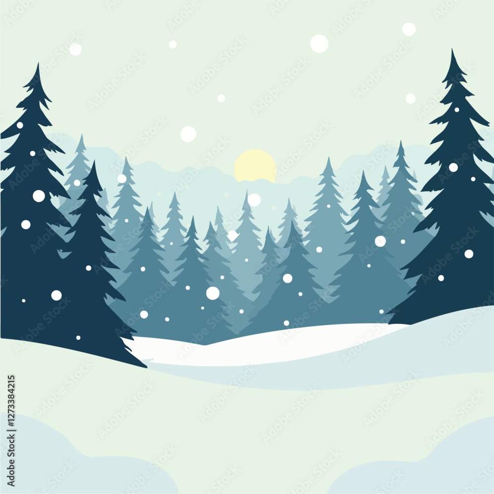 Obraz premium Minimalist Winter Landscape Vector – Serene Snowy Field with Dense Forest Background.