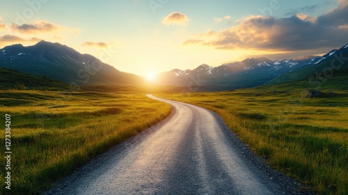 Wallpaper Mural A picturesque winding road leads through lush green hills, illuminated by a stunning sunset, evoking a sense of adventure and the beauty of nature's transitions. Torontodigital.ca