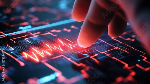 Finger Touching Neon Digital Interface with Glowing Waveform Technology