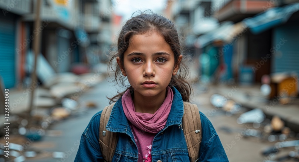 Fototapeta premium Homeless young Caucasian girl in a deserted street background portrait facing forward