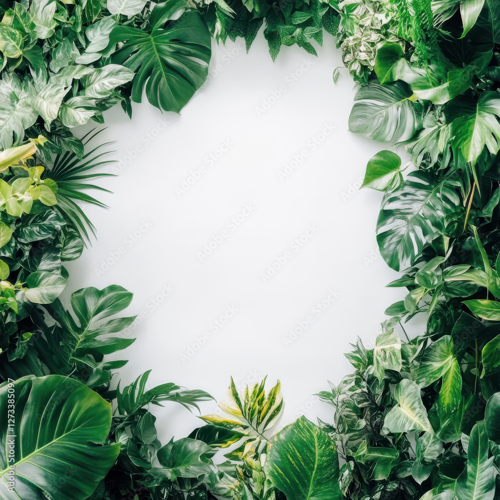 Lush green foliage frames blank space, creating vibrant and fresh atmosphere perfect for nature themed designs. variety of leaves adds depth and texture Lush green foliage frames blank space, creating vibrant and fresh atmosphere perfect for nature themed designs. variety of leaves adds depth and texture