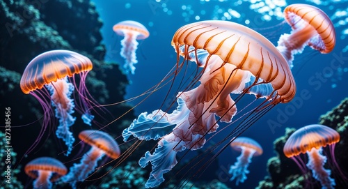 Jellyfish in deep ocean background side view portrait