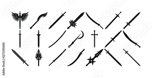 Collection of black silhouette sword icons with various designs including medieval, fantasy, and curved blades on white background