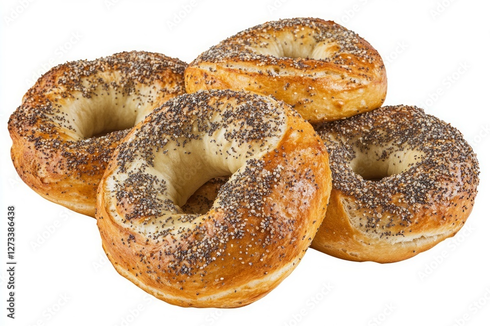 Poppy seed bagels on white background. AI image