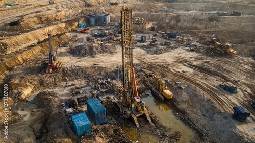 The process of well drilling at a remote location, where large machines are set up to access underground water.
