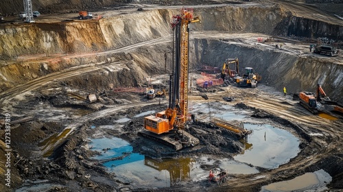 The process of well drilling at a remote location, where large machines are set up to access underground water.