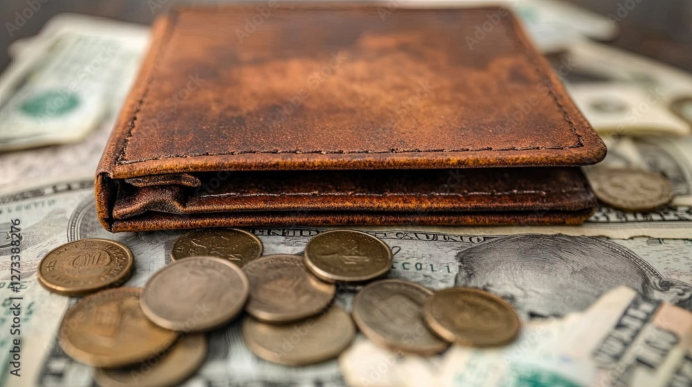 An empty wallet surrounded by bills and coins, symbolizing financial hardship An empty wallet surrounded by bills and coins, symbolizing financial hardship