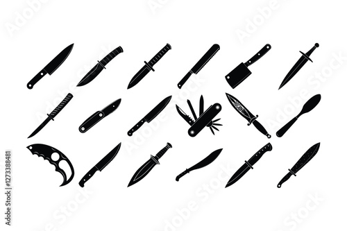 Set of black knife silhouettes including pocket knives, daggers, cleavers, and combat blades isolated on white background
