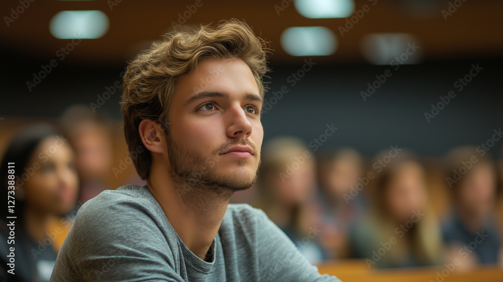 Fototapeta premium Thoughtful student listening in classroom, pursuit of education