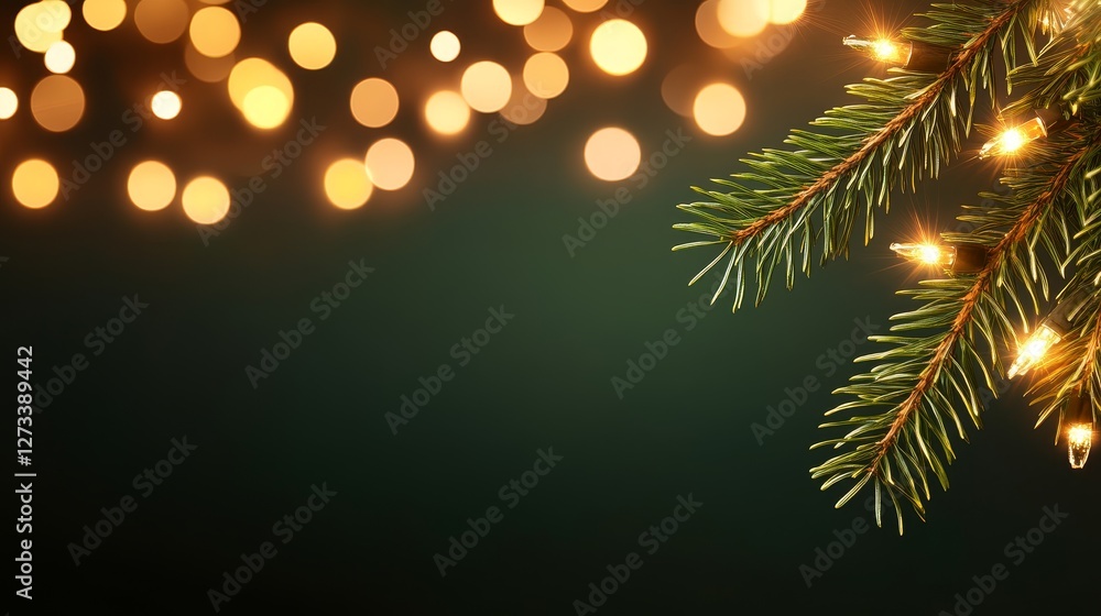 Festive holiday light twinkling on a pine branch against a dark background, creating a warm atmosphere Festive holiday light twinkling on a pine branch against a dark background, creating a warm atmosphere