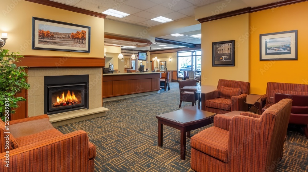 Fototapeta premium Cozy and warm lobby featuring a stylish fireplace, comfortable seating, and ambient lighting.