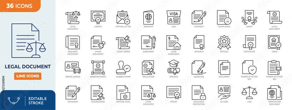 Legal document line editable icon set. Containing contract, certificate, passport, ID card, agreement, license, patent, testament and more. Vector illustration Legal document line editable icon set. Containing contract, certificate, passport, ID card, agreement, license, patent, testament and more. Vector illustration