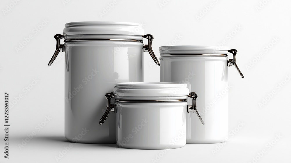 Three White Enamel Canisters in Different Sizes on Light Background Three White Enamel Canisters in Different Sizes on Light Background