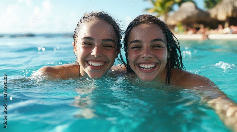 This playful image captures two joyful friends smiling in a clear blue pool, embodying the carefree spirit of friendship and blissful summer moments shared together. This playful image captures two joyful friends smiling in a clear blue pool, embodying the carefree spirit of friendship and blissful summer moments shared together.
