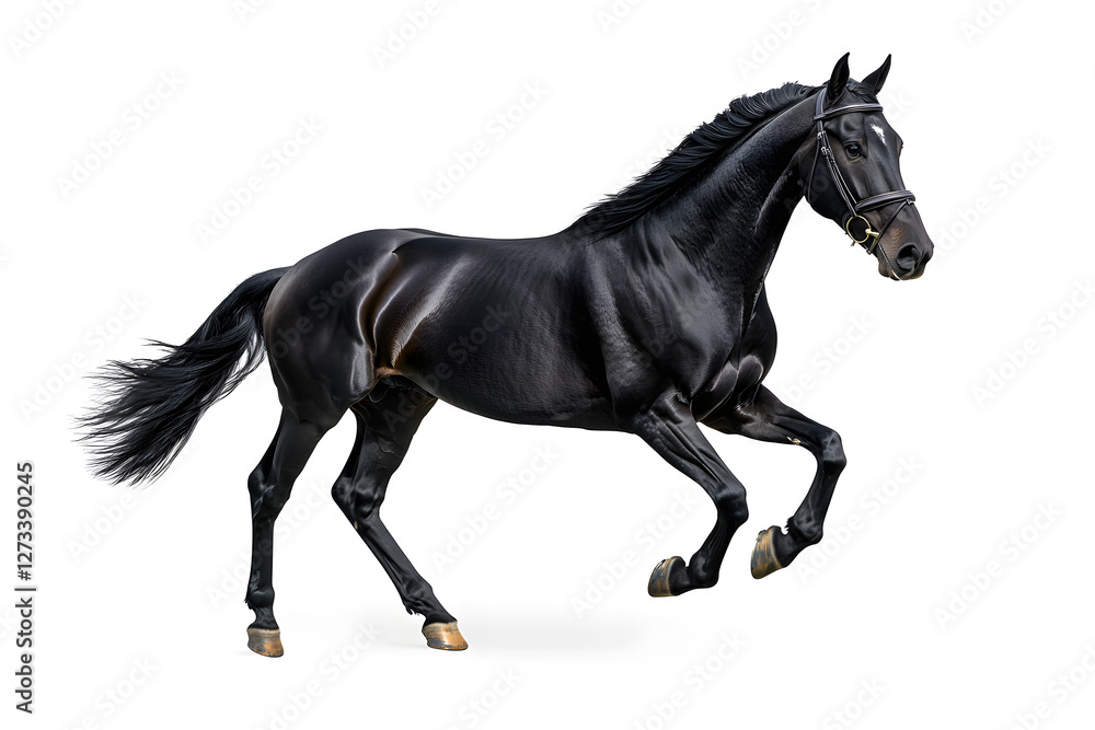 A black horse galloping isolated on white background A black horse galloping isolated on white background