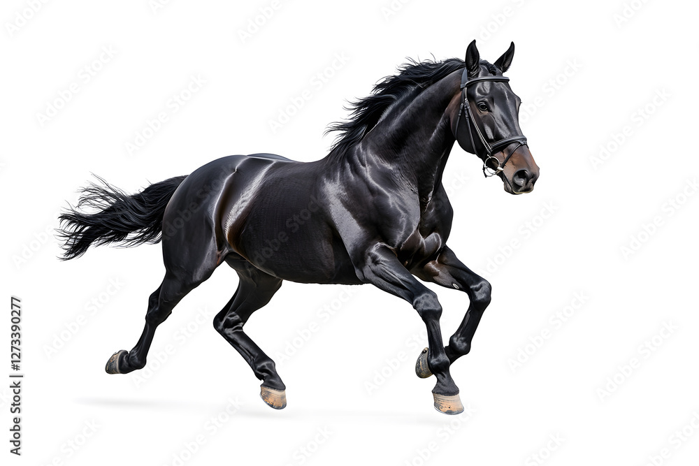 A black horse galloping isolated on white background A black horse galloping isolated on white background