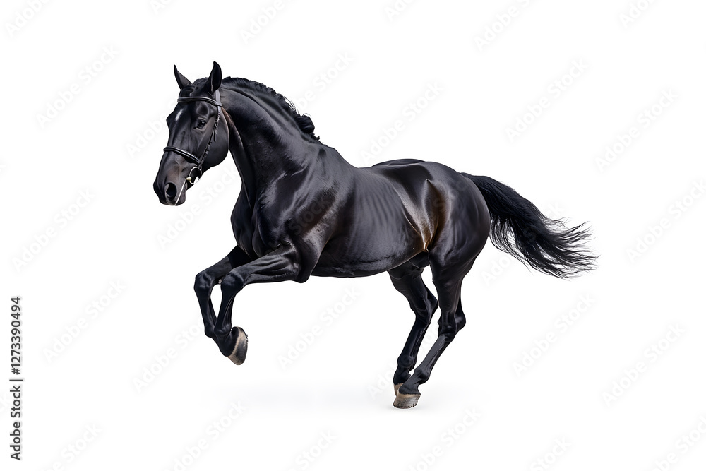 A black horse galloping isolated on white background A black horse galloping isolated on white background