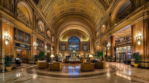 Elegant and classic hotel lobby with intricate designs  marble floors  and warm lighting.
