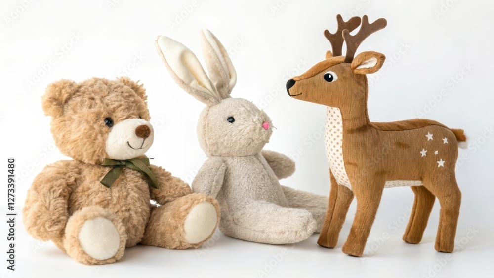 Fototapeta premium Three Plush Toys on White Background