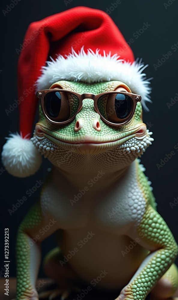 A playful lizard wearing sunglasses and a festive Santa hat, perfect for holiday-themed designs, promotions, and fun marketing materials. A playful lizard wearing sunglasses and a festive Santa hat, perfect for holiday-themed designs, promotions, and fun marketing materials.