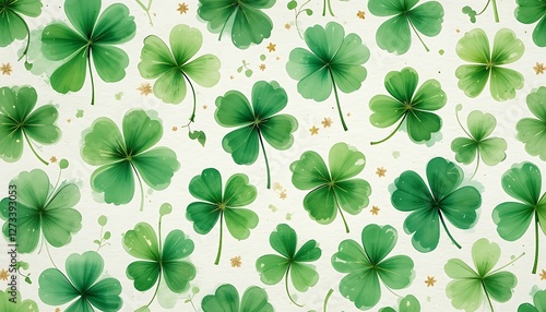 Seamless pattern of lucky four-leaf clovers in vibrant green hues, perfect for St. Patrick’s Day backgrounds, Irish-themed designs, festive decorations, and lucky charm prints
